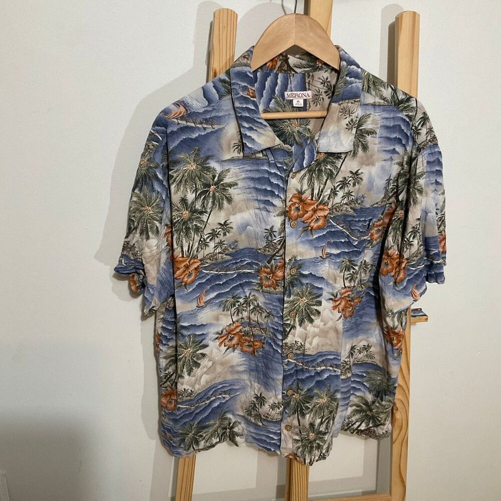 Merona Blue Green Tropical Hawaiian Button-Down Shirt